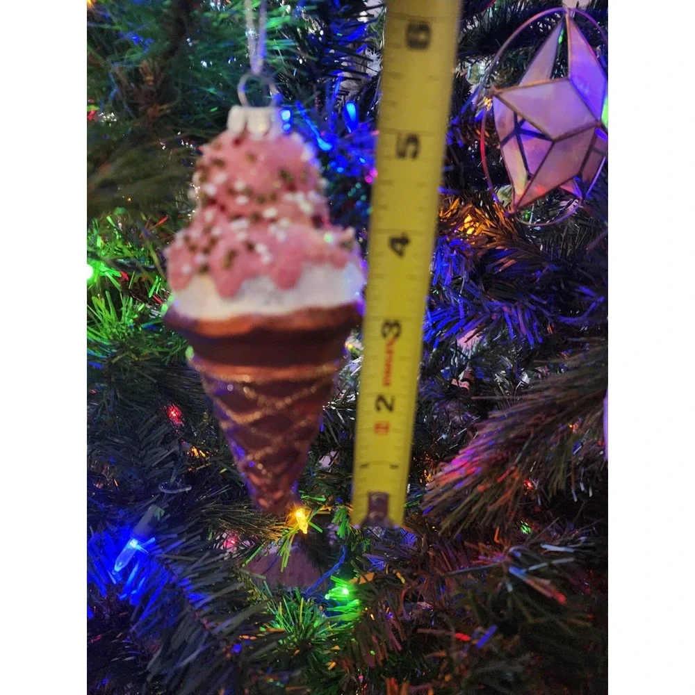 Blown Glass Ice Cream Cone Christmas Hanging Ornament Pastel‎ Candy Topping